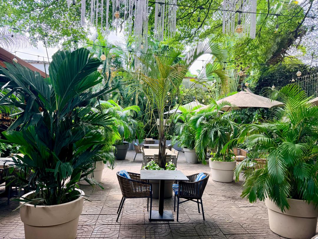 La terrasse verdoyante du restaurant en journée
